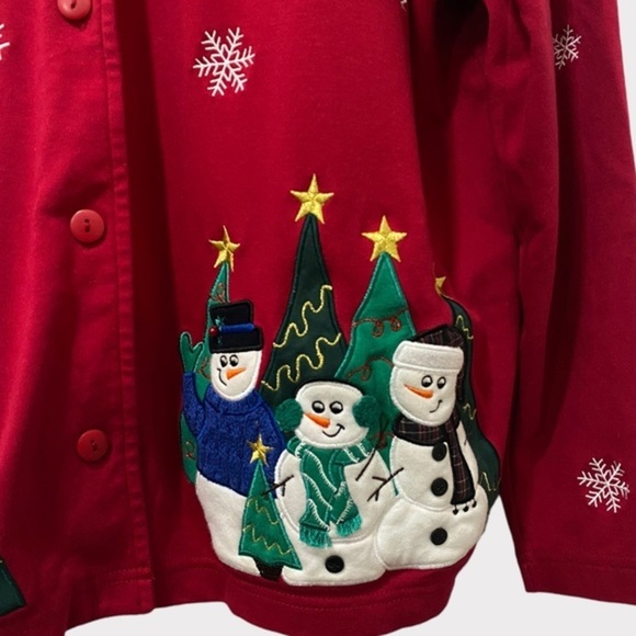 Bechamel Red Embroidered Snowman & Snowflakes Button Front Cardigan Size 2X - Picture 5 of 10